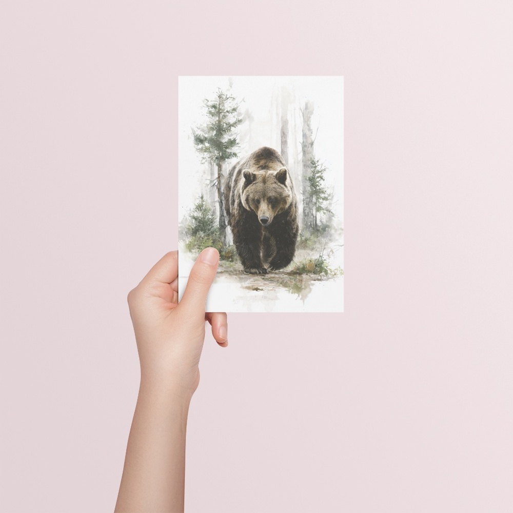 Watercolor Brown Bear Forest Wall Art Print, Unframed Misty Grizzly Illustration - Picture 5 of 5